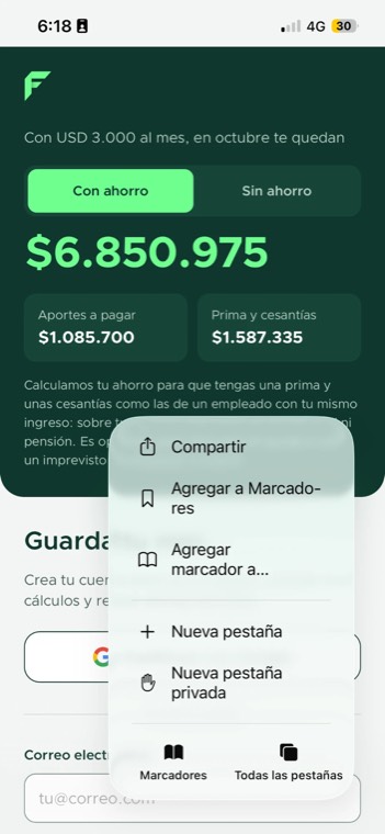 Menú de Safari abierto, con las opciones Compartir, Agregar a Marcadores y Nueva pestaña.