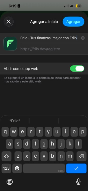 Pantalla Agregar a Inicio con el nombre Frilo, el ícono verde y el interruptor Abrir como app web activado.